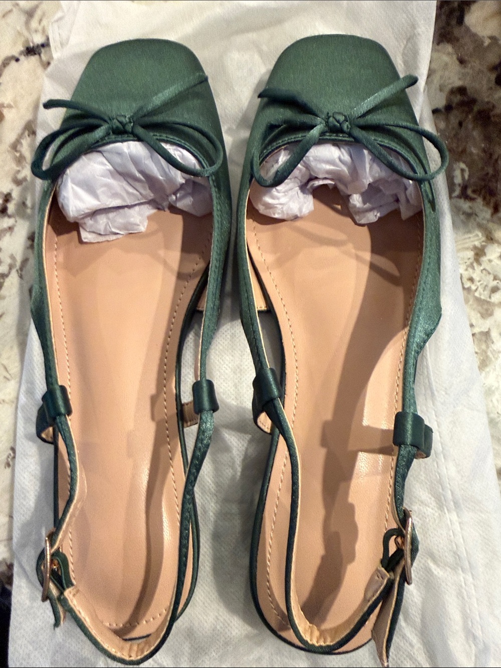 Green Satin Slingback Ballet Flats